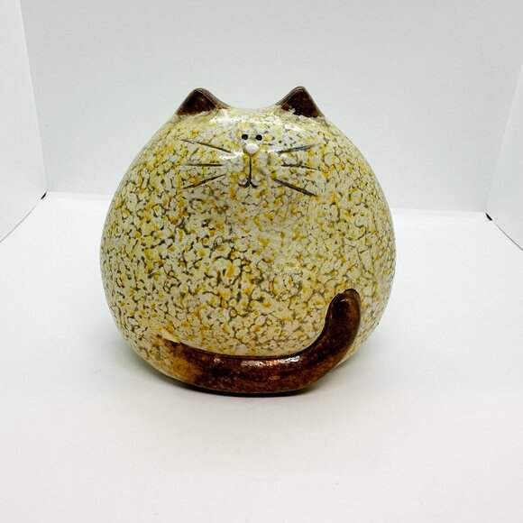 SOLD Vtg Fat Cat Kitty Figurine Redware Pottery Spongeware Ceramic Folk Art - Picture 1 of 6